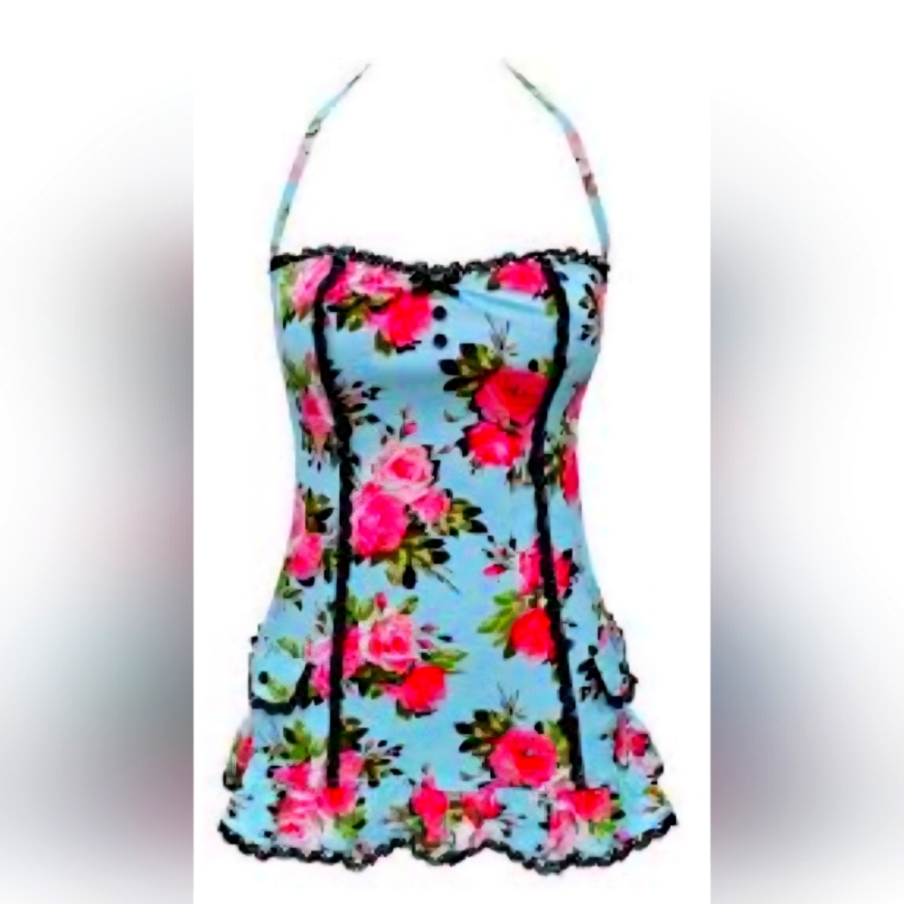 Betsey Johnson Blue and Pink One Piece Swim with Halter Neckline